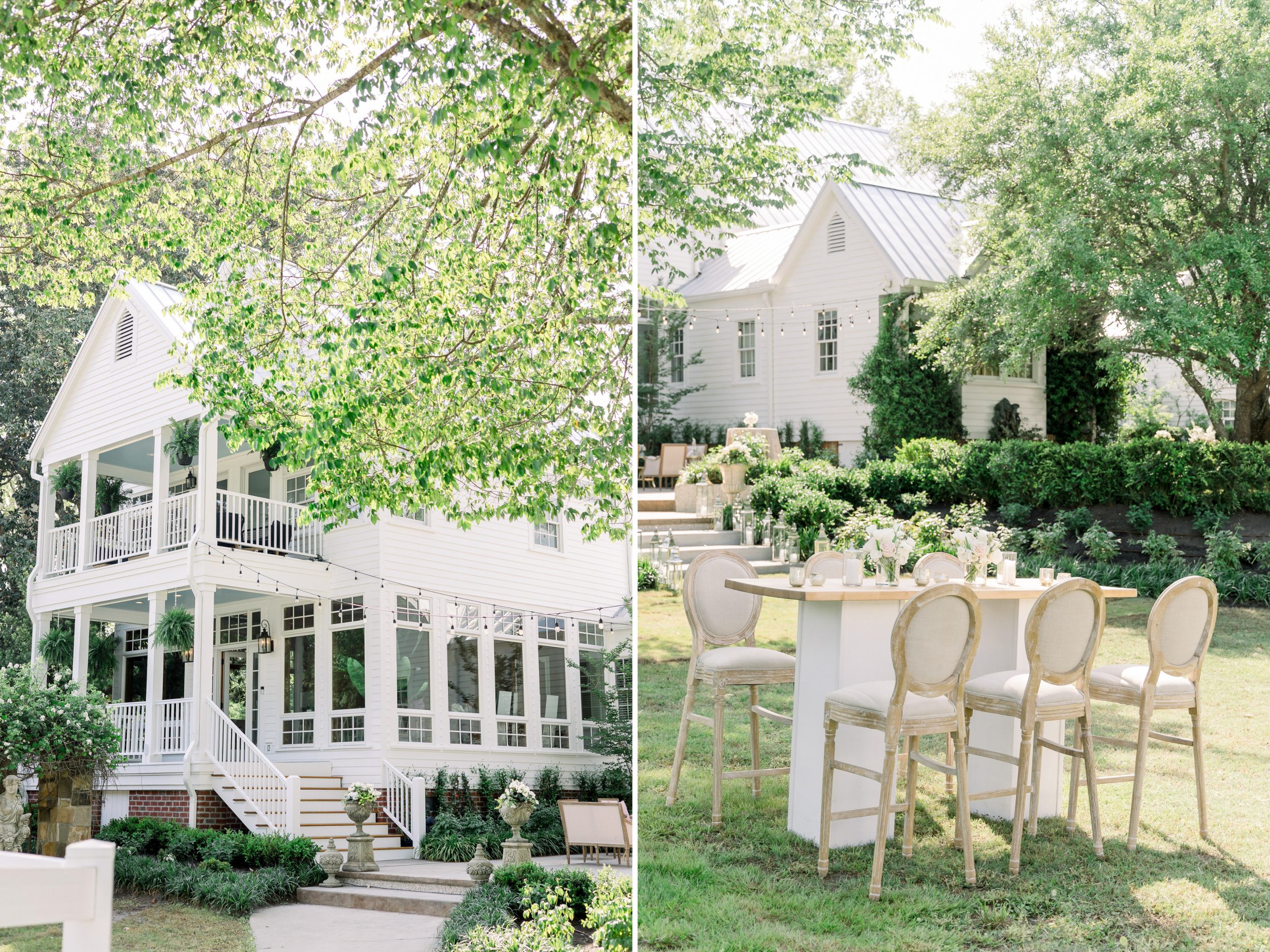Elegant reception décor on the grounds of Sycamore Bend Estate in Wilmington NC featuring romantic florals, candlelight, and Southern charm