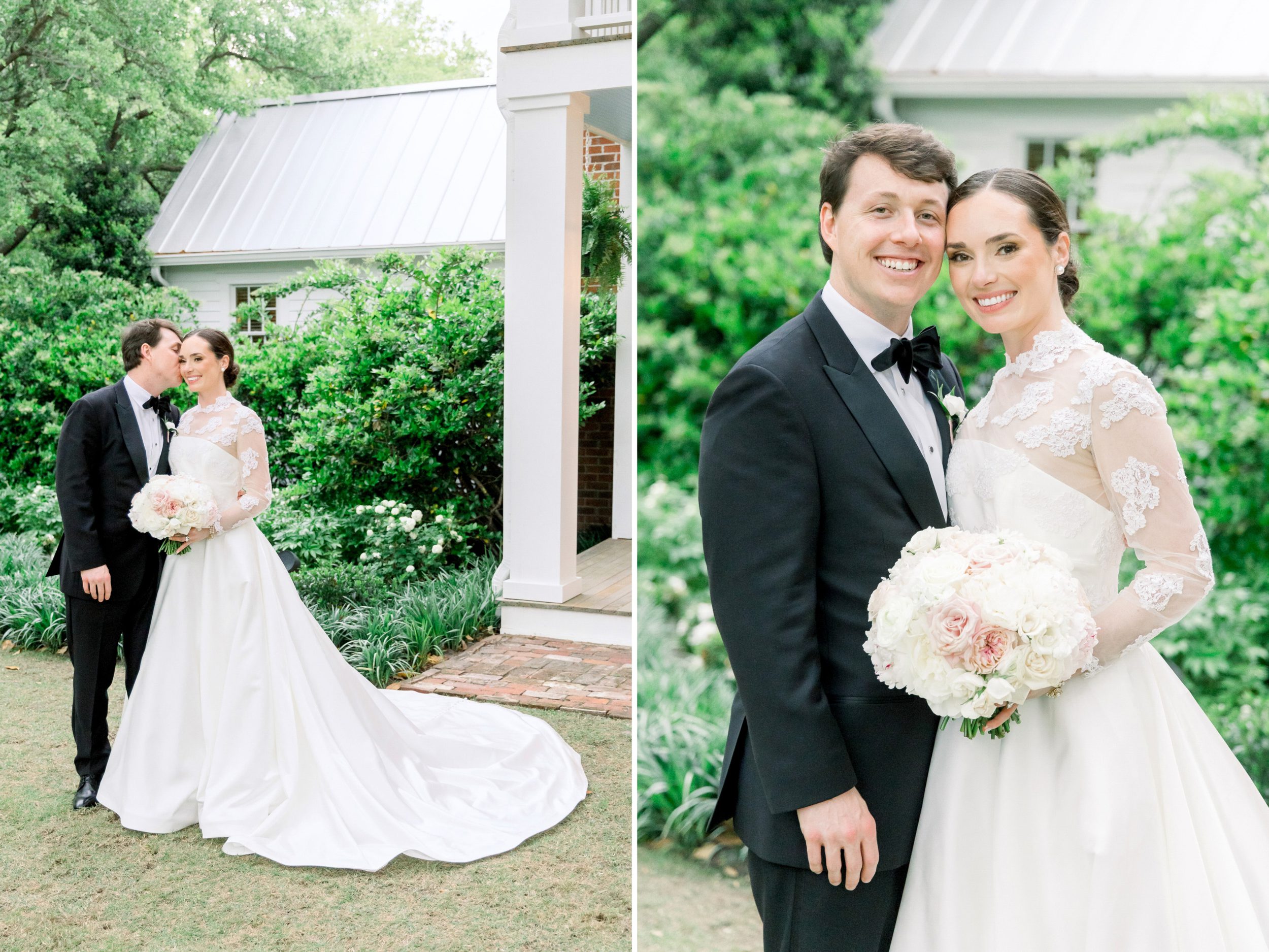 Bride and groom at Sycamore Bend Estate in Wilmington NC surrounded by the property’s lush greenery 