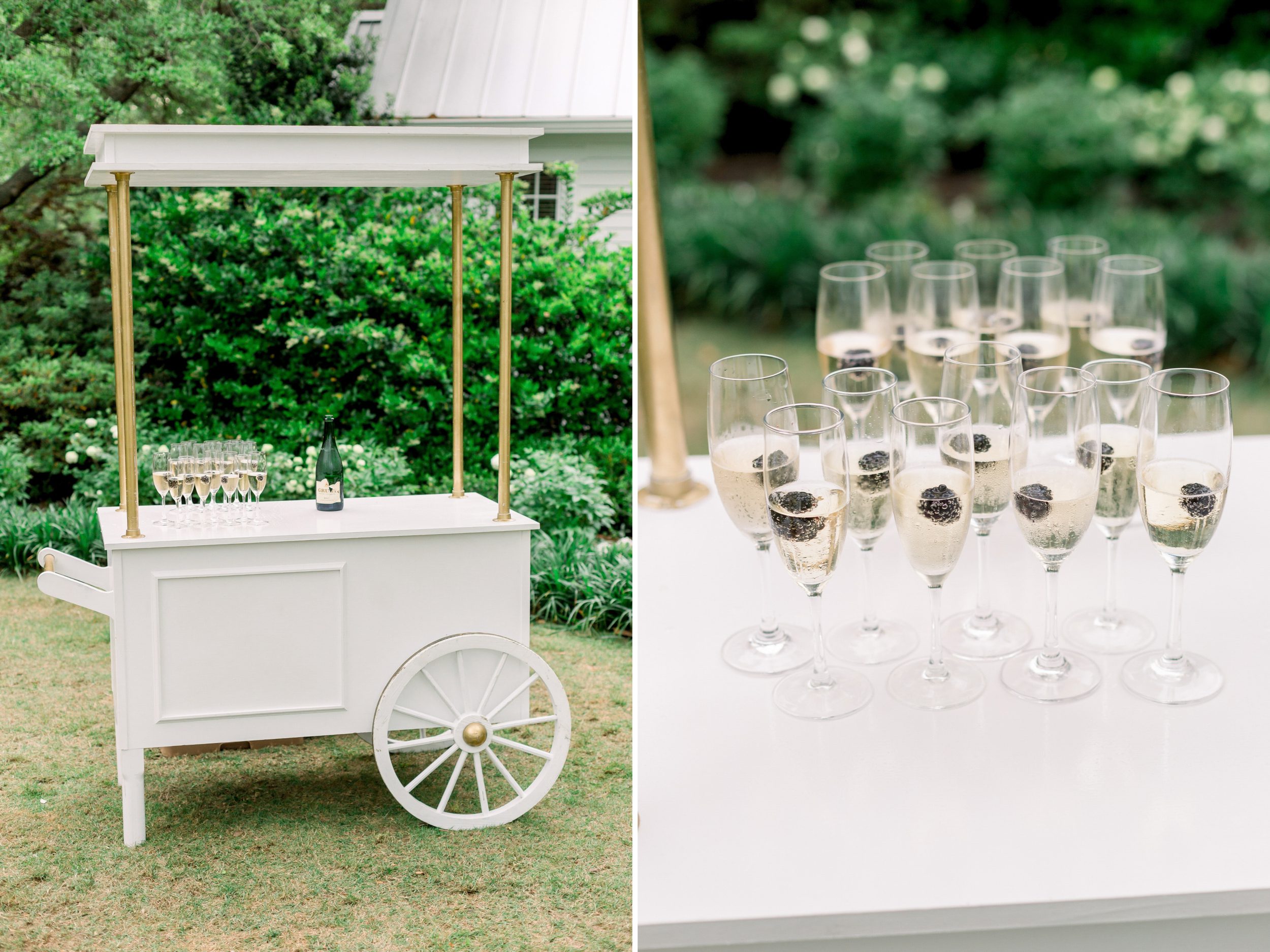 A celebratory glass of champagne sparkles in the warm light of the Sycamore Bend wedding reception in Wilmington, North Carolina. 