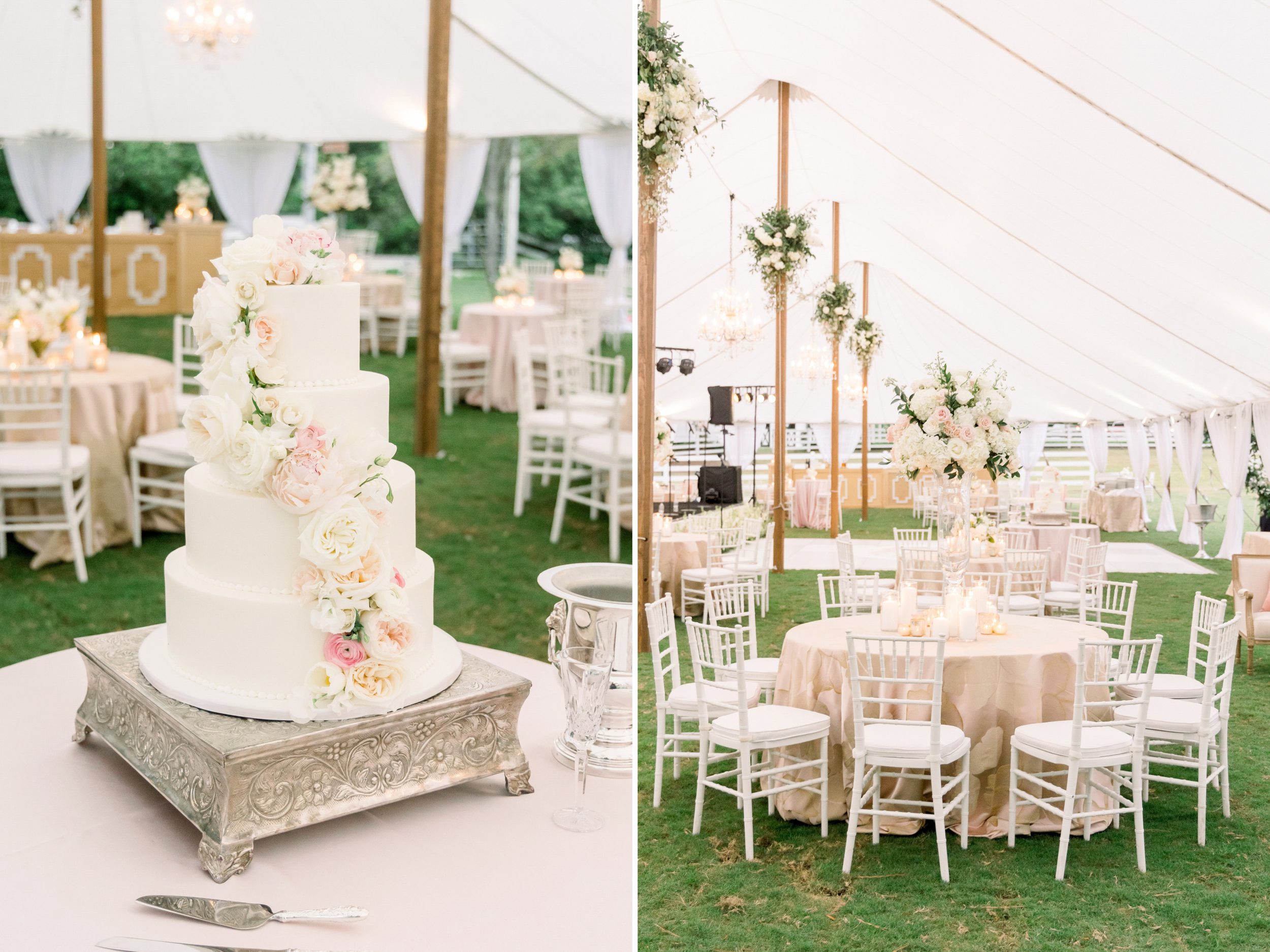 Reception details at Sycamore Bend Estate in Wilmington NC featuring romantic florals in cream and champagne tones, candlelit tables, and elegant Southern style