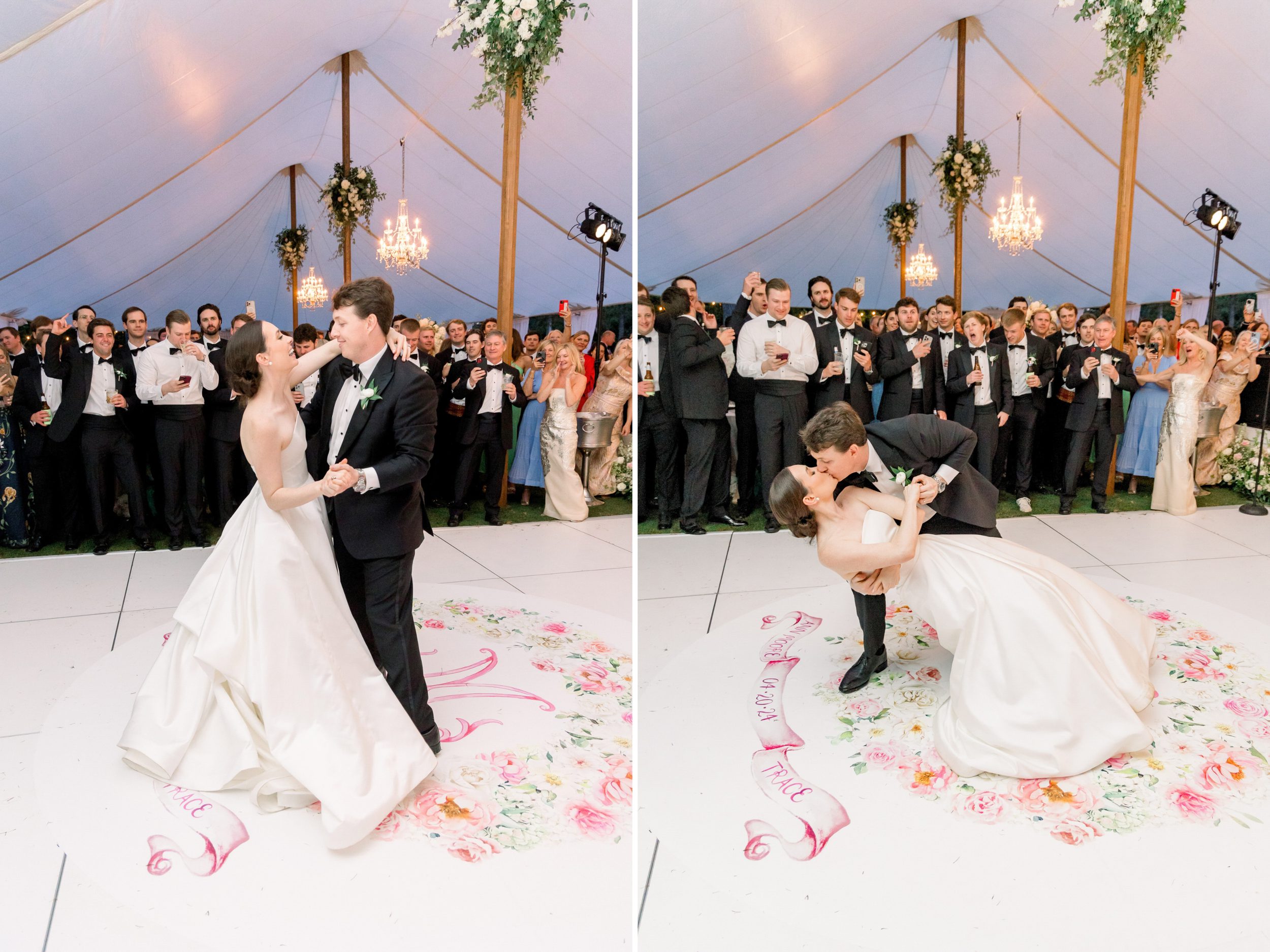Bride and groom sharing their first dance under the tent at Sycamore Bend Estate in Wilmington NC