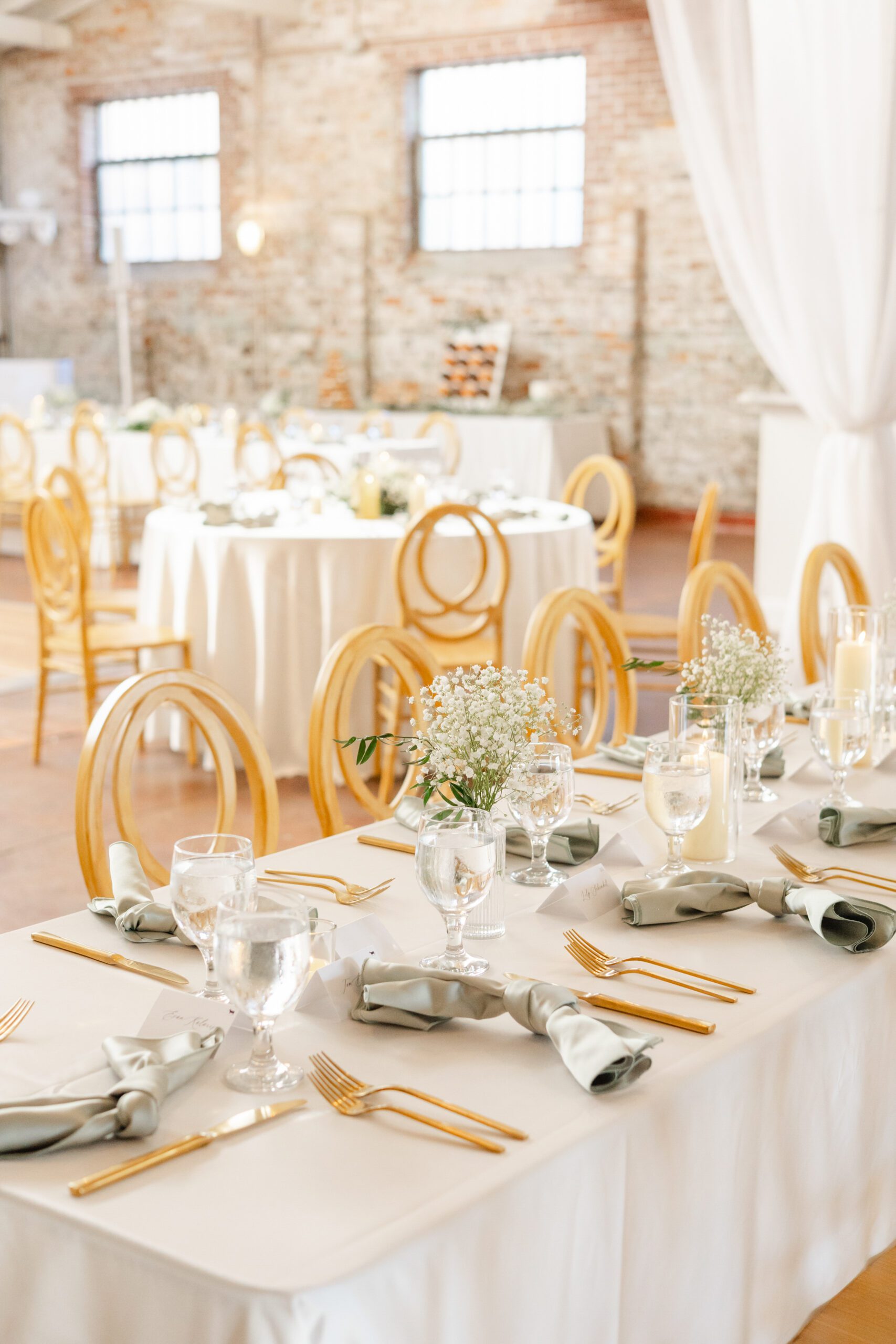 reception floral arrangements and decor inside Bakery 105.
